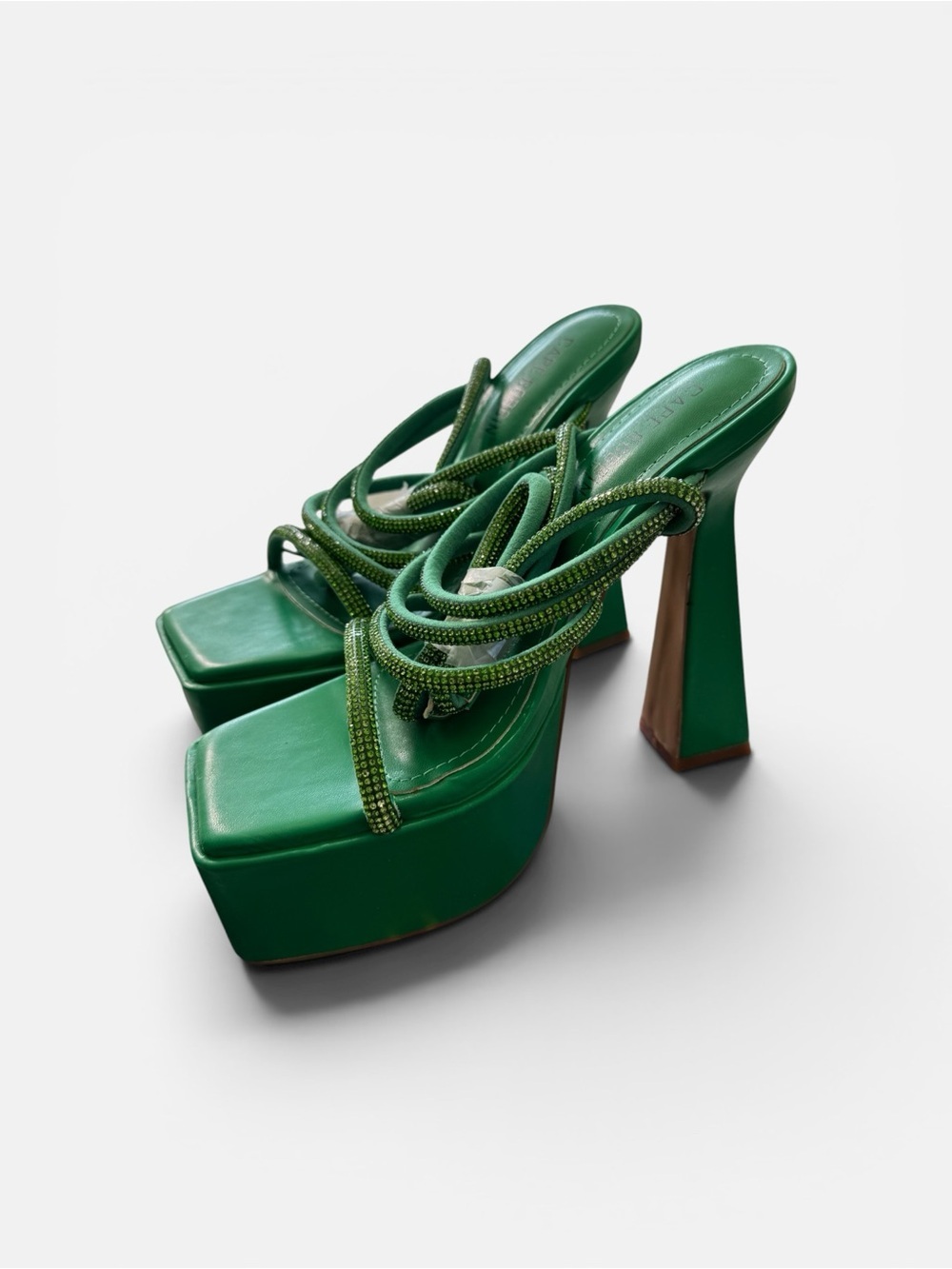 Cape Robbin Green Crystal-Strap Platform Heels